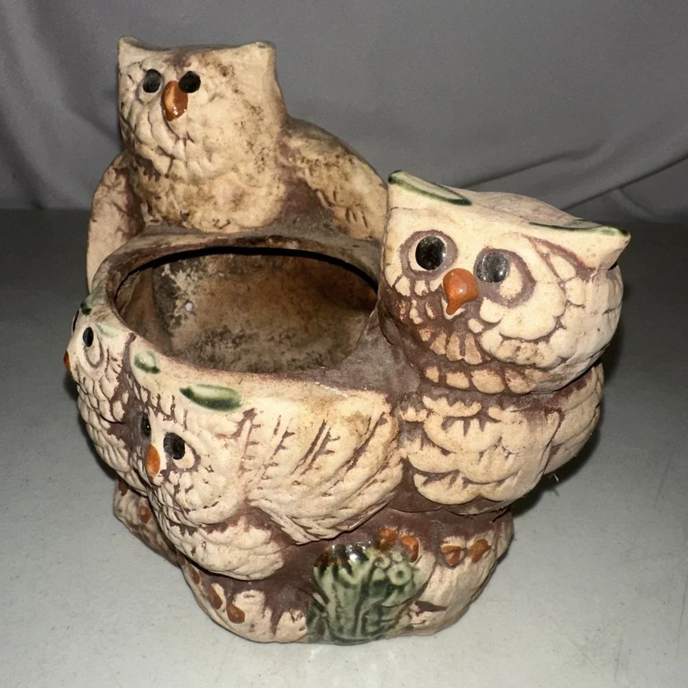 Vintage 70s Ceramic Owl Family Planter Mat Bisque Boho Decor